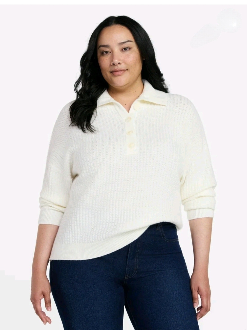Time and Tru Cream Collared V-Neck Button Polo Sweater